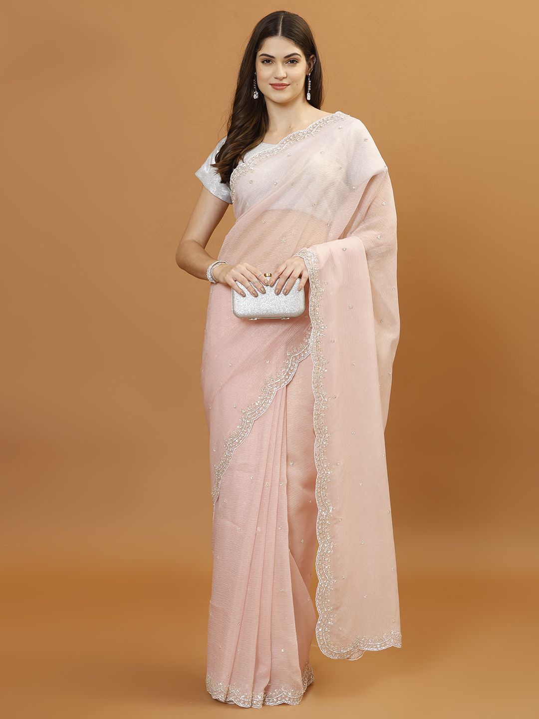 

Meena Bazaar Embellished Beads and Stones Organza Heavy Work Saree, Peach