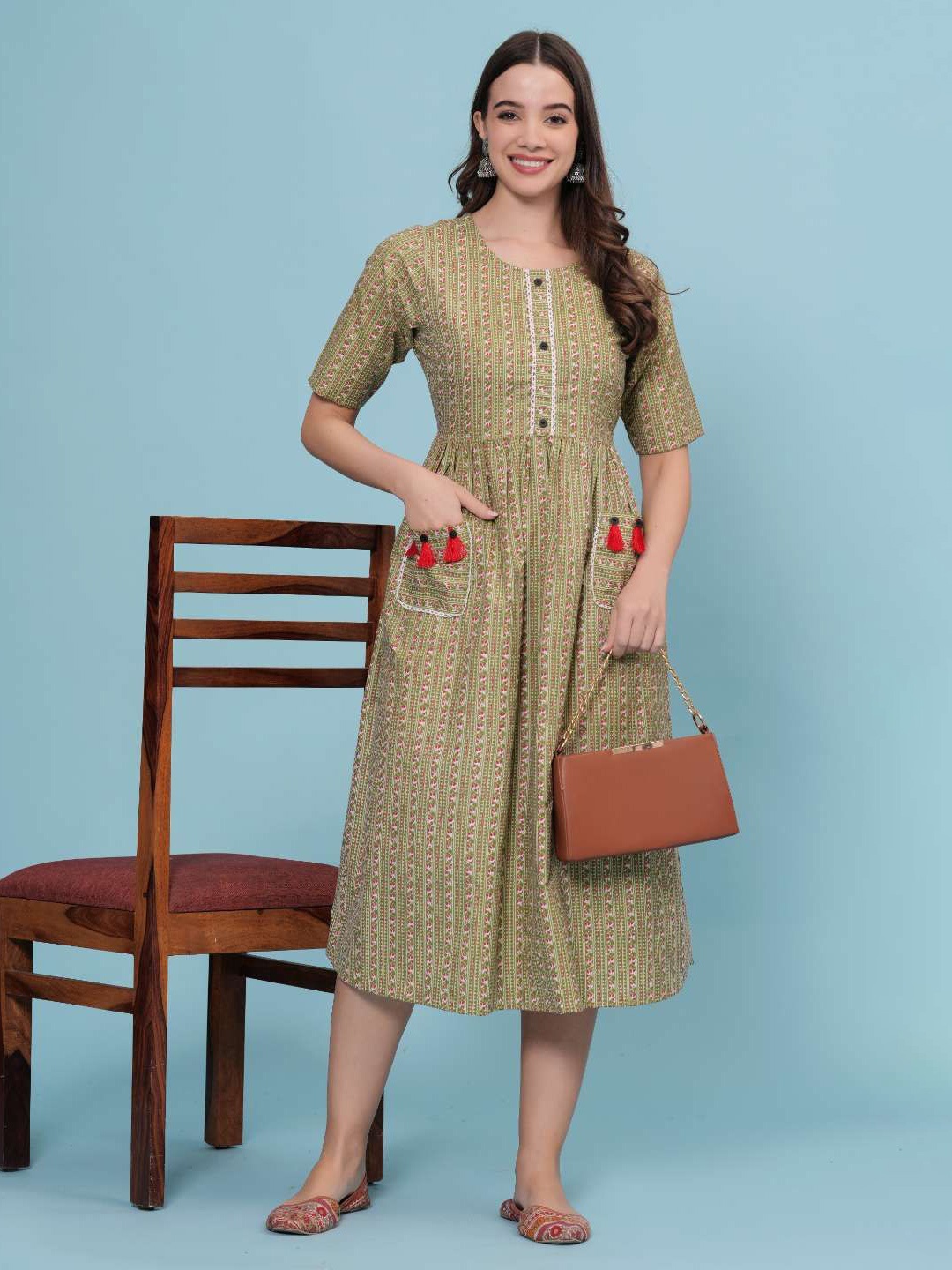 

DIZON Women Printed Fit & Flared Ethnic Dress, Green