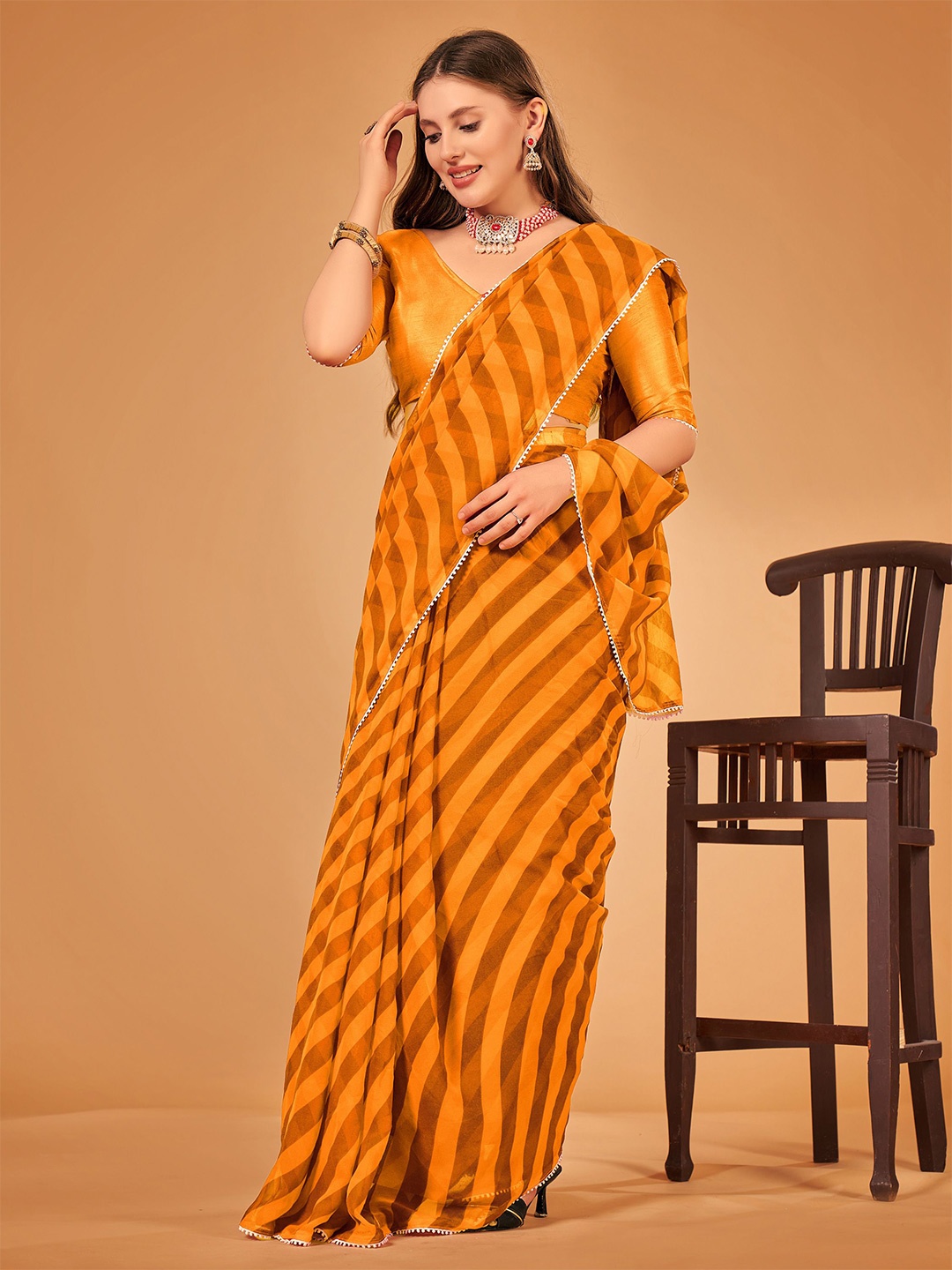 

Flip The Style Leheriya Embroidered Pure Georgette Leheriya Saree, Mustard