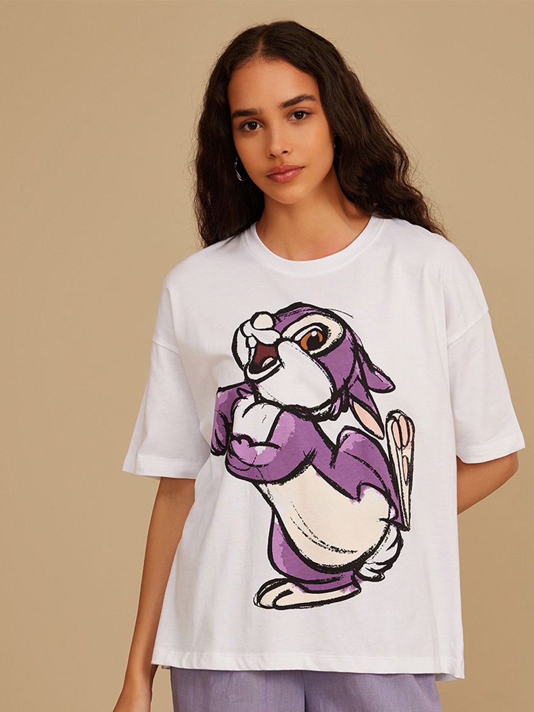 

Kazo Women Graphic Printed Round Neck Cotton Boxy T-shirt, White