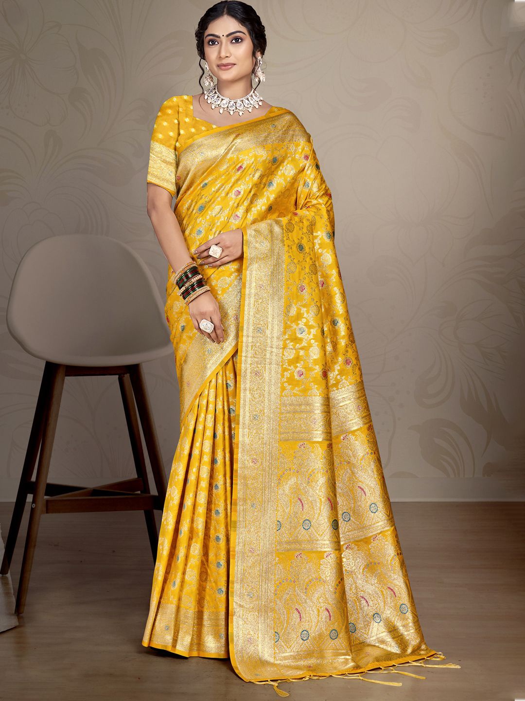 

SANGAM PRINTS Woven Design Zari Silk Blend Tussar Saree, Yellow