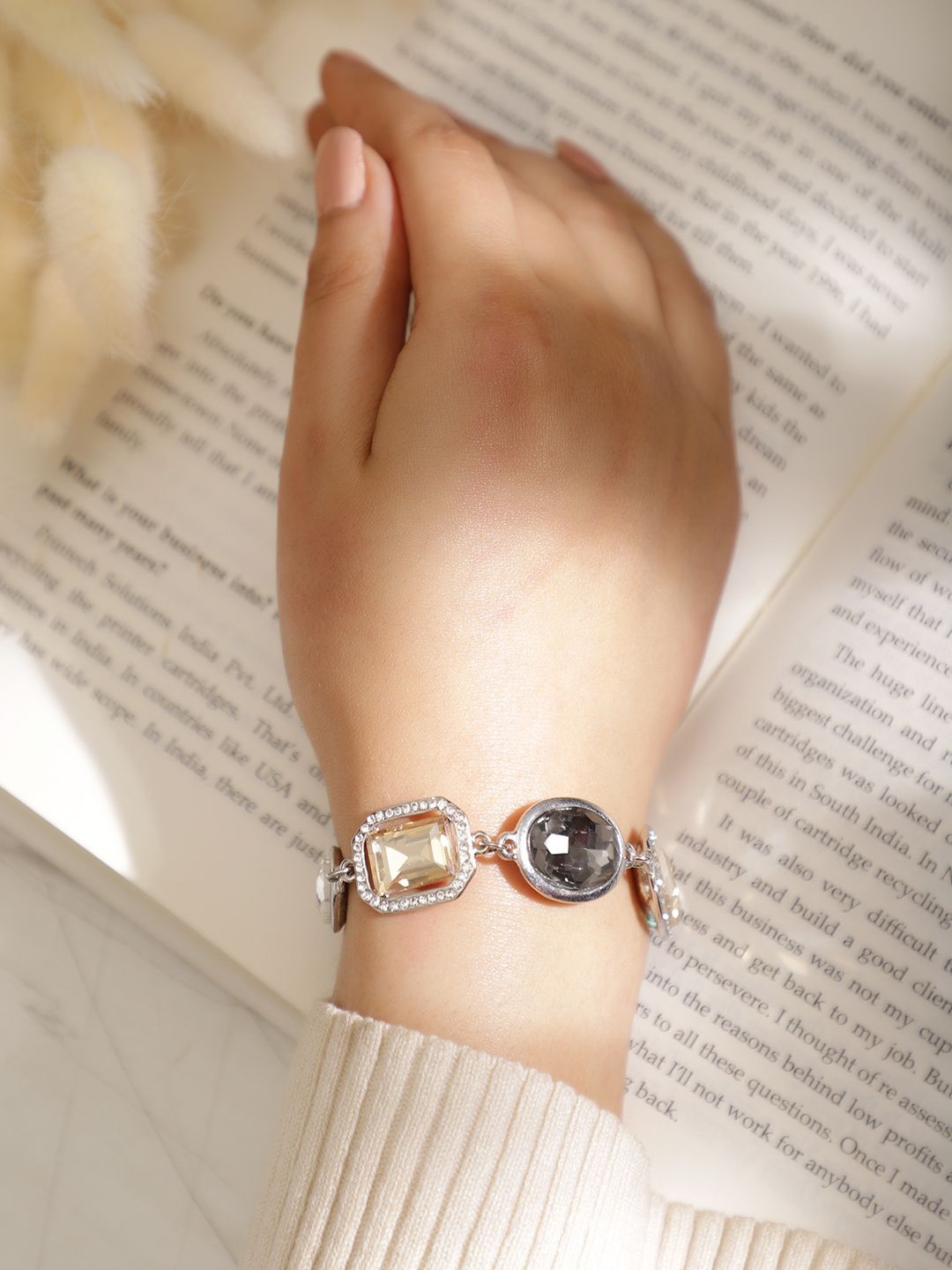 

Rubans Rhodium Plated Multi-Colored Cubic Zirconia Studded Gemstone Bracelet, Silver
