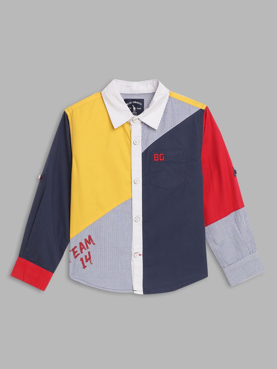 

Blue Giraffe Boys Spread Collar Colourblocked Cotton Casual Shirt, Yellow