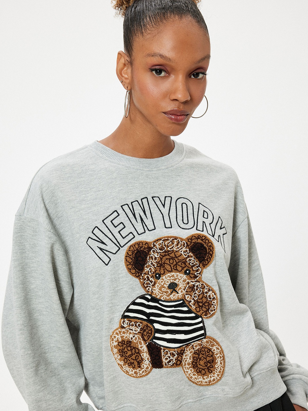 

Koton Women Graphic Printed Round Neck Cotton Pullover Sweatshirt, Turquoise blue