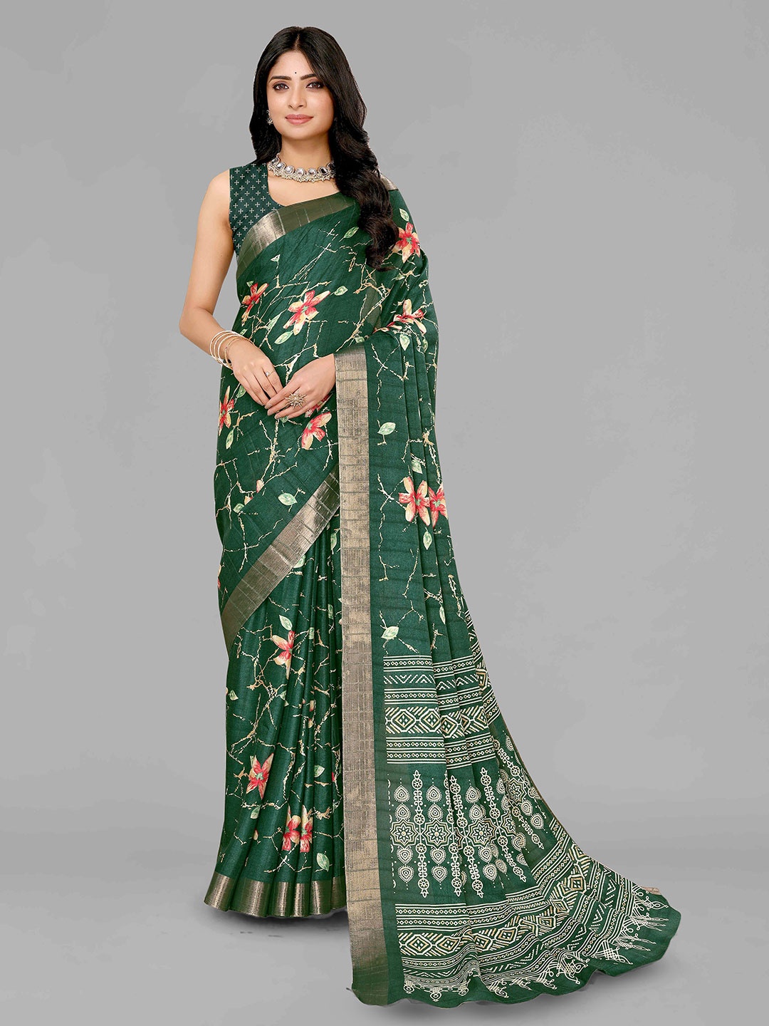 

saretramall Floral Printed Zari Maheshwari Saree, Green