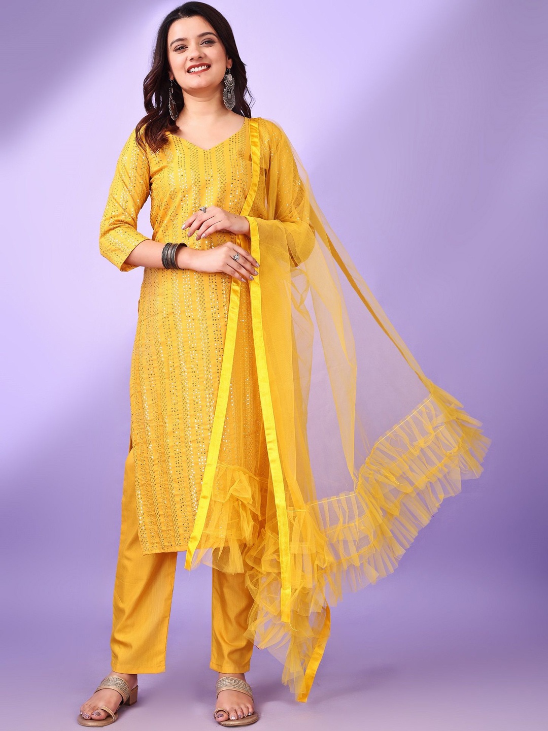 

KALINI Women Ethnic Motifs Embroidered Regular Sequinned Kurta with Trousers & Dupatta, Mustard