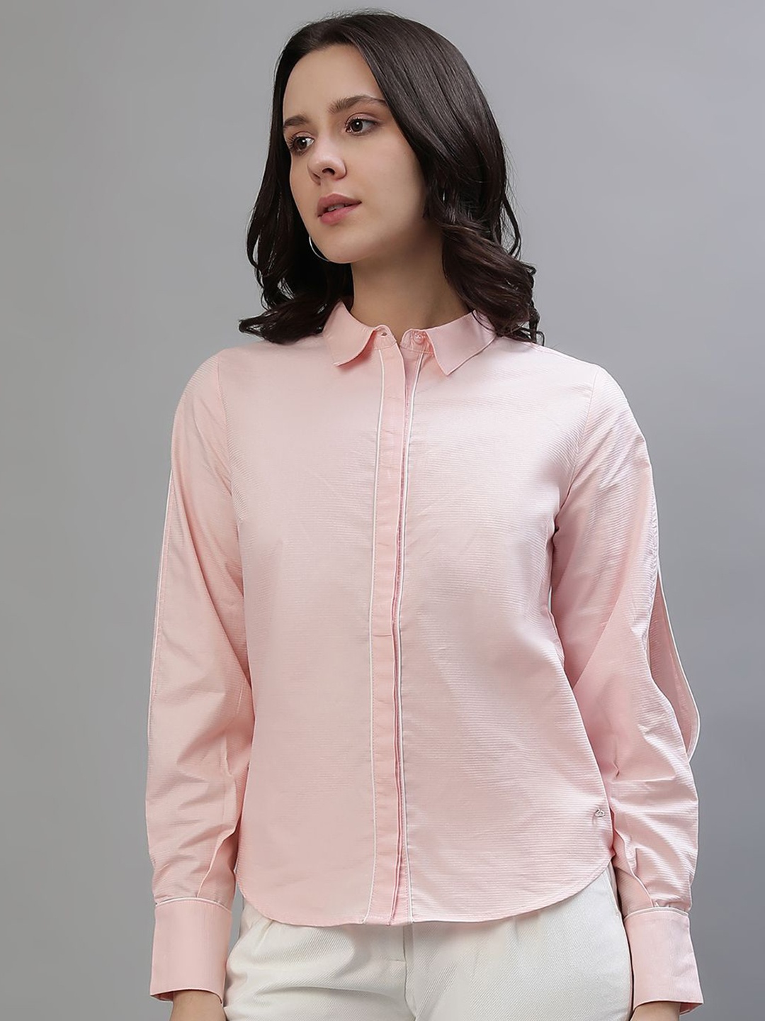 

Iconic Women Spread Collar Solid Cotton Casual Shirt, Pink