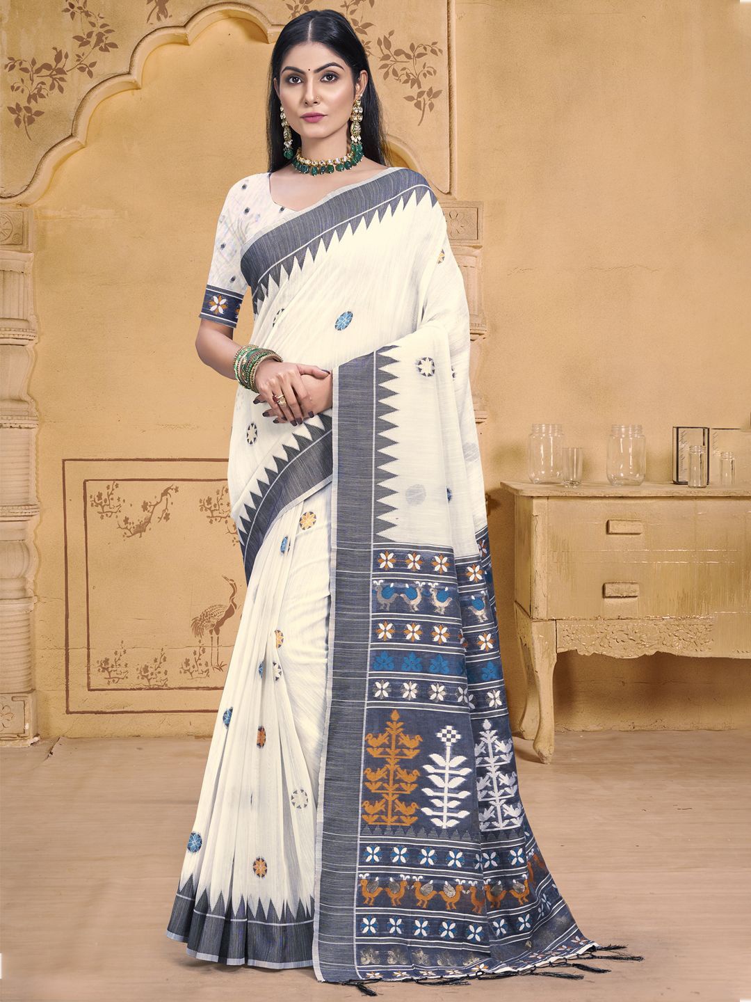 

SANGAM PRINTS Woven Design Zari Tussar Saree, Cream
