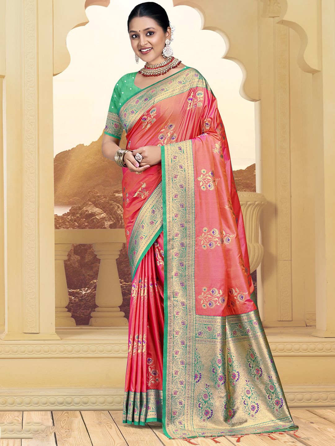 

SANGAM PRINTS Woven Design Zari Tussar Saree, Pink