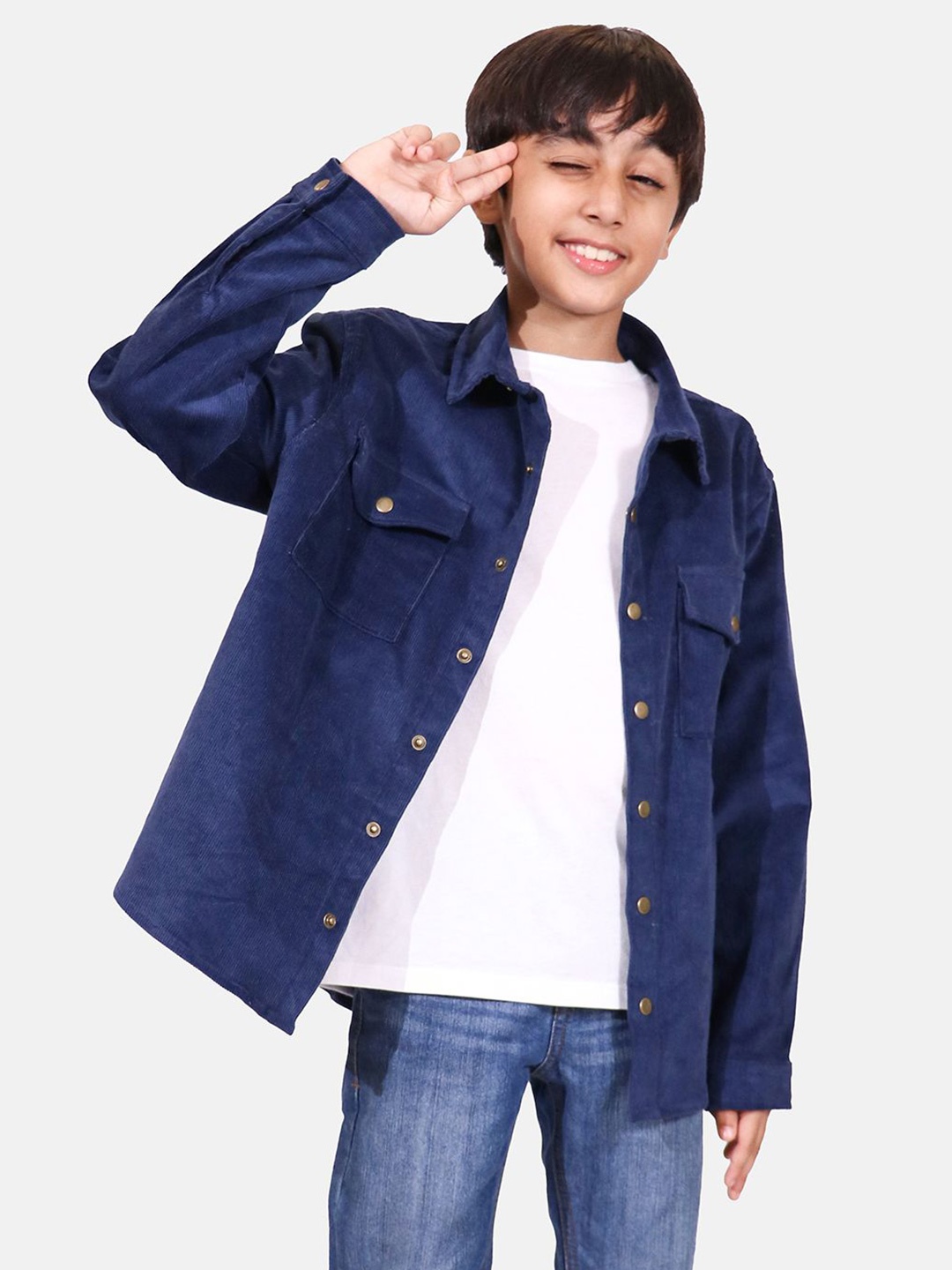 

Whistle & Hops Boys Standard Spread Collar Solid Corduroy Casual Shirt, Blue