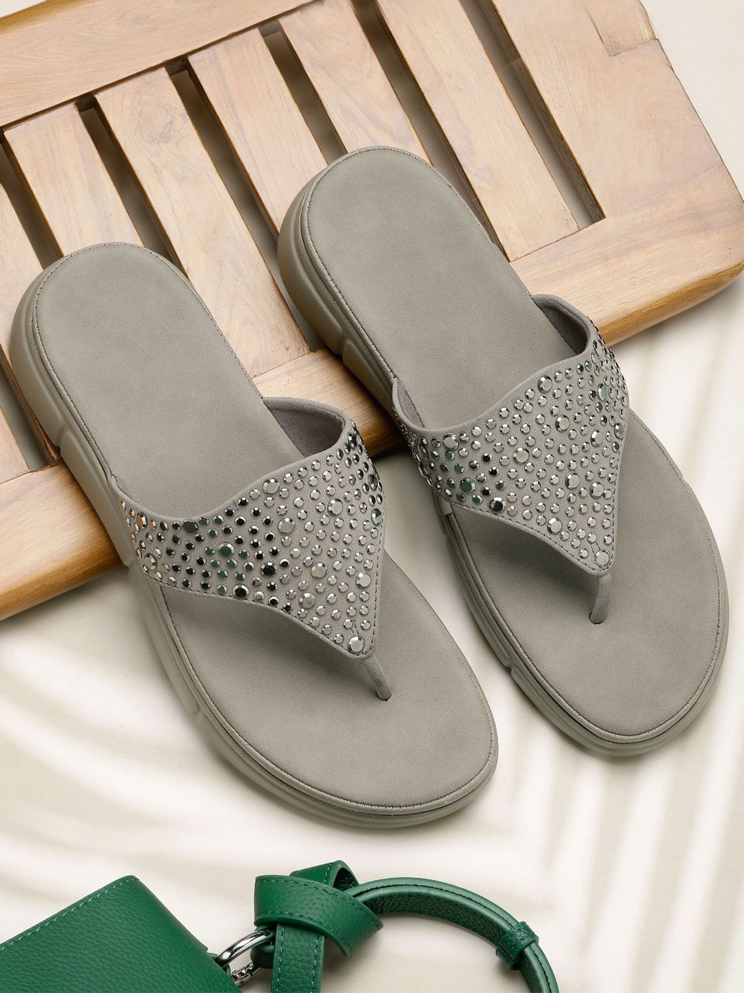 

NATSHUZ Embellished T-Strap Comfort Heel Sandals, Grey