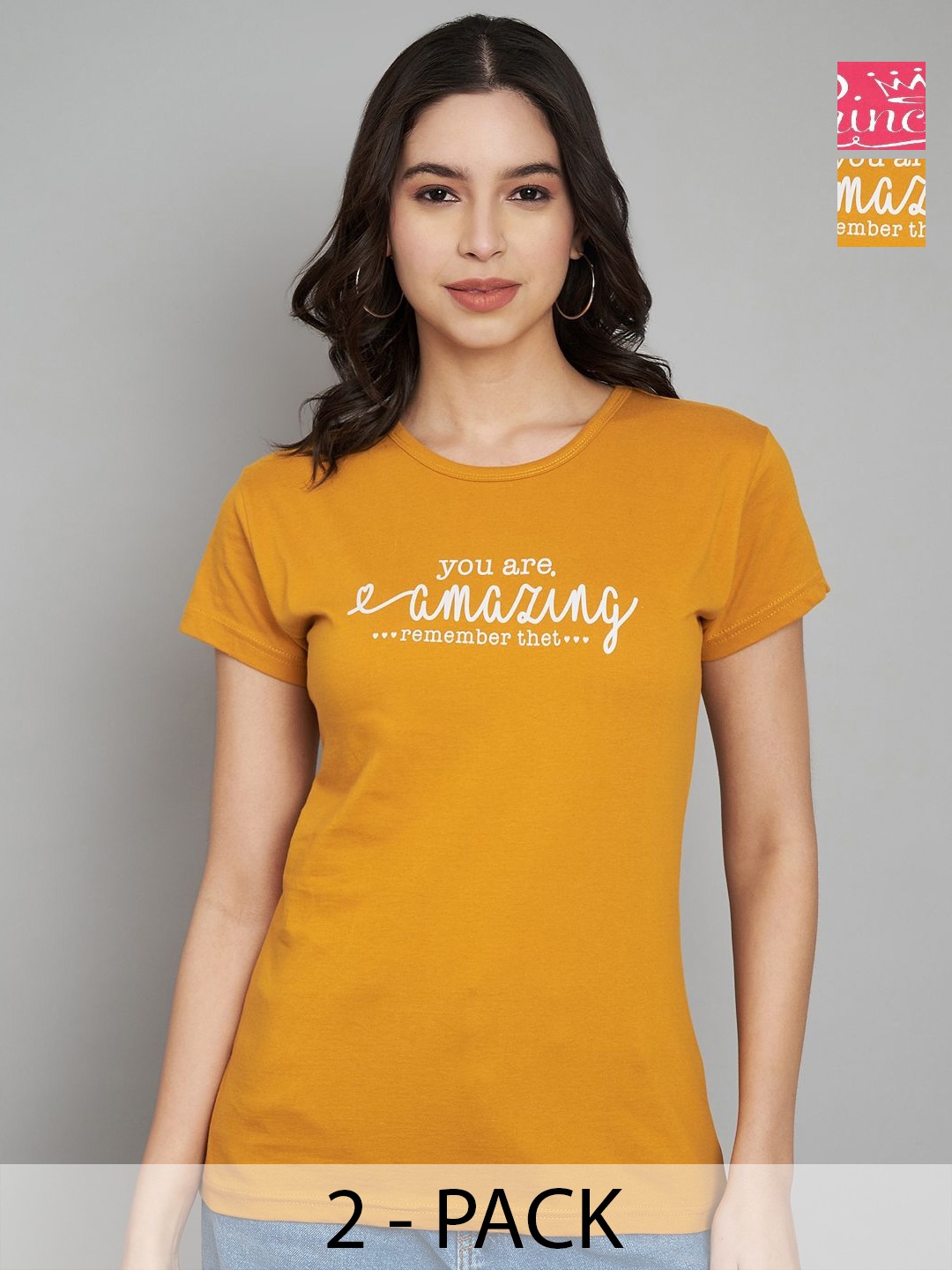 

Trend Level Women Pack Of 2 Typography Printed Round Neck Cotton T-shirts, Mustard