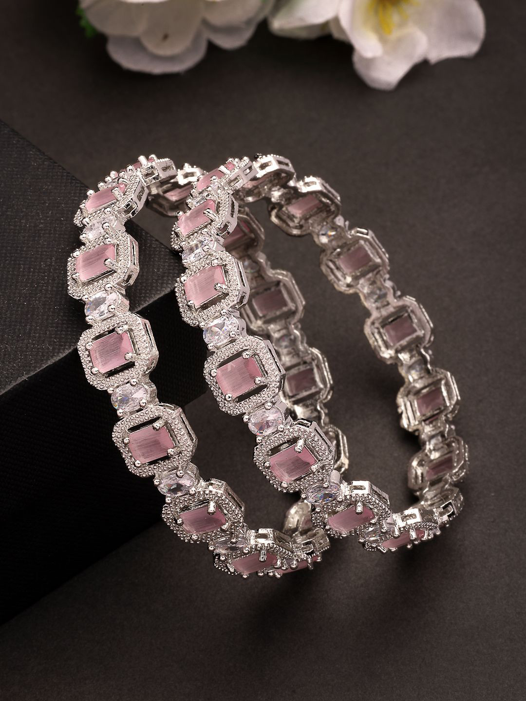 

NVR Set Of 2 Silver-Plated American Diamond Stone Studded Bangles