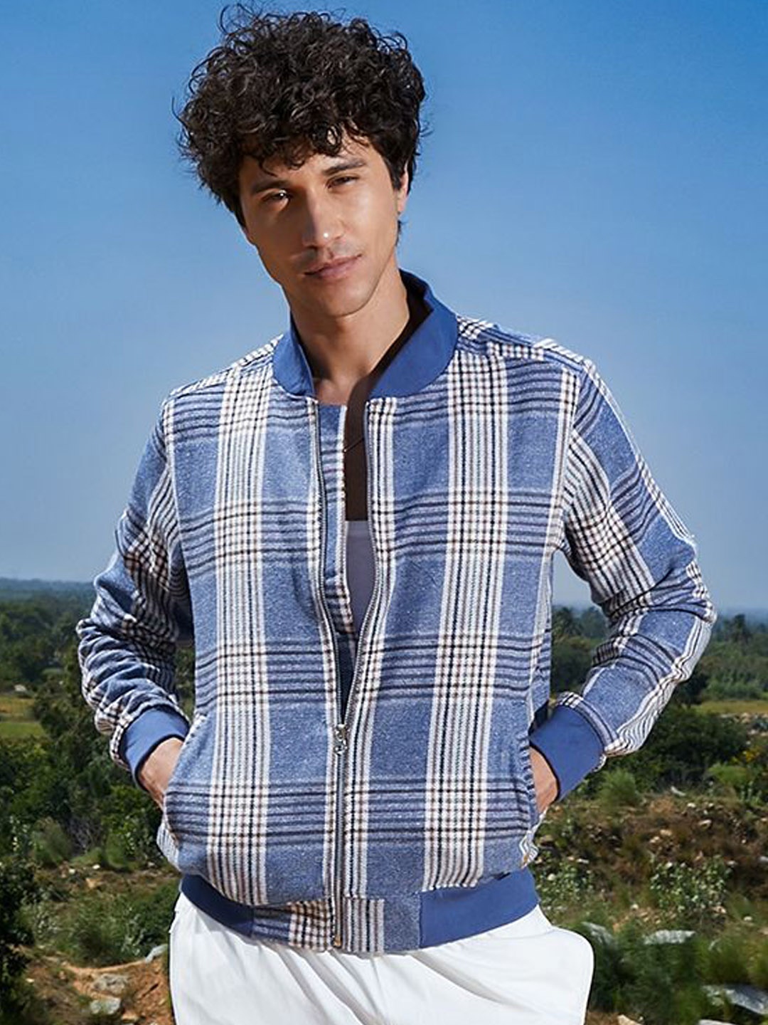 

Campus Sutra Men Checked Lightweight Bomber, Blue