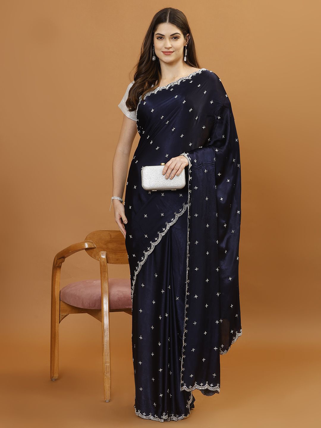 

Meena Bazaar Embellished Beads and Stones Saree, Navy blue