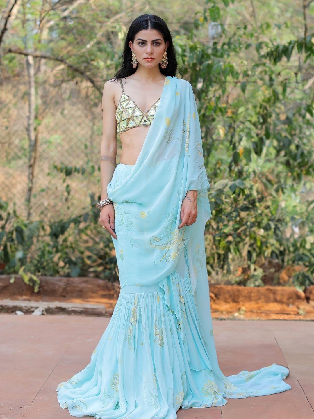 

Foram patel Blue Printed Ruffle Saree Set