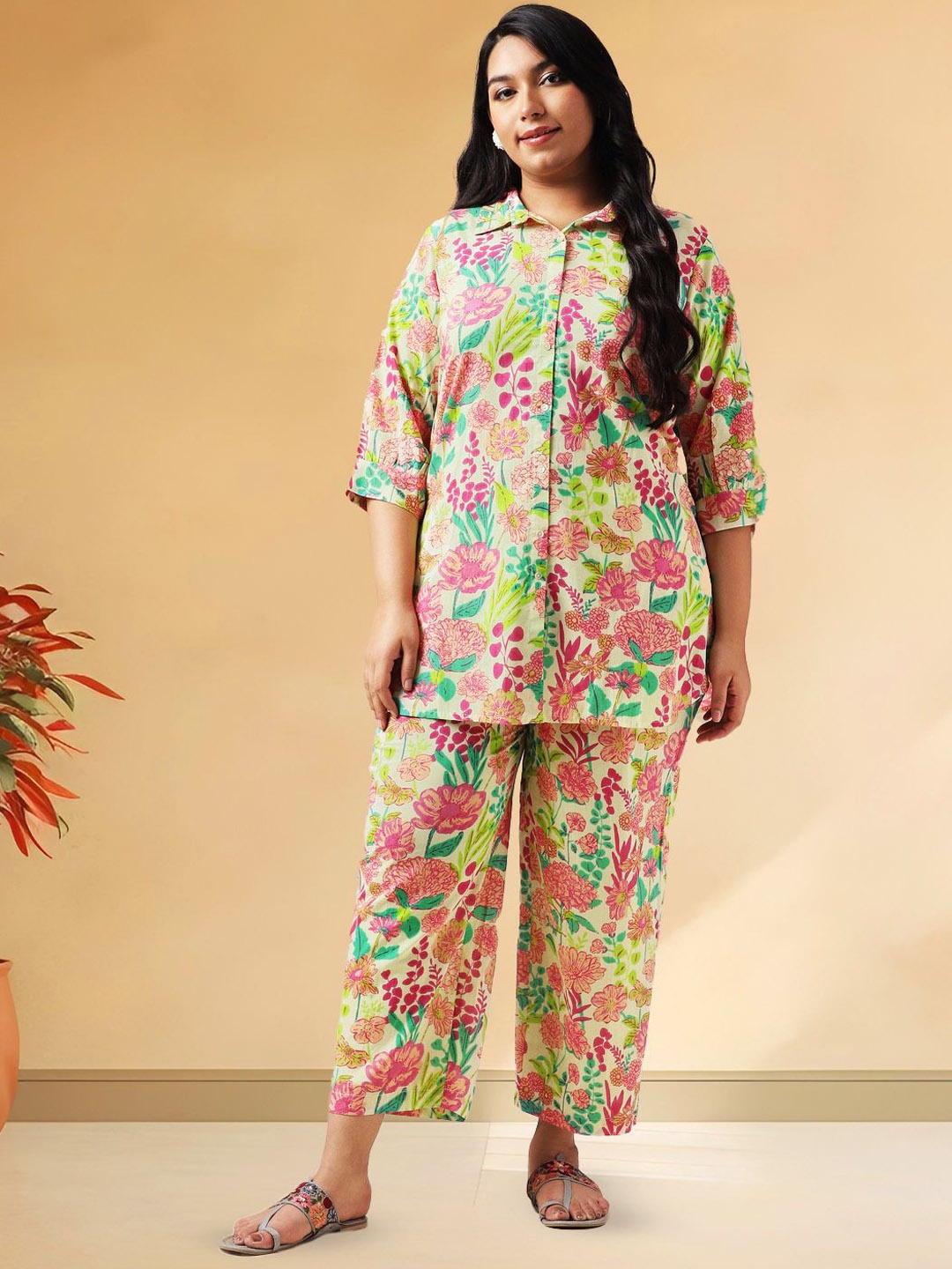 

CUSTARD Plus Size Printed Pure Cotton Shirt & Trouser, Pink