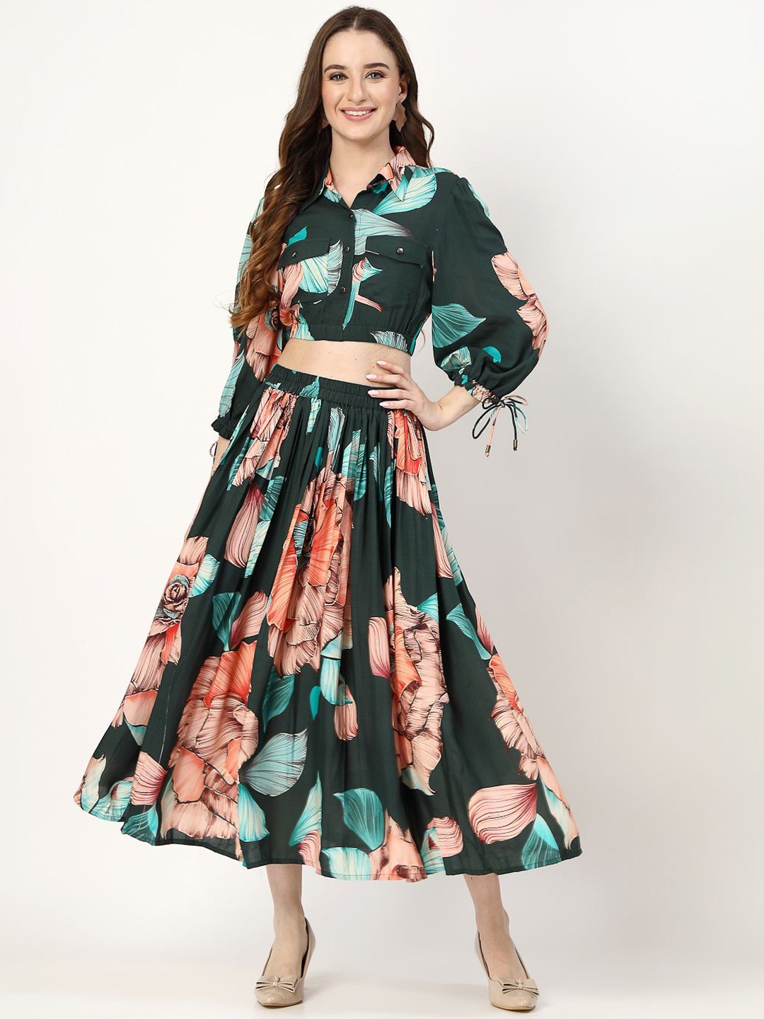 

COSMIC TRIO Women Floral Printed Top With Skirt Co-Ords Sets, Green