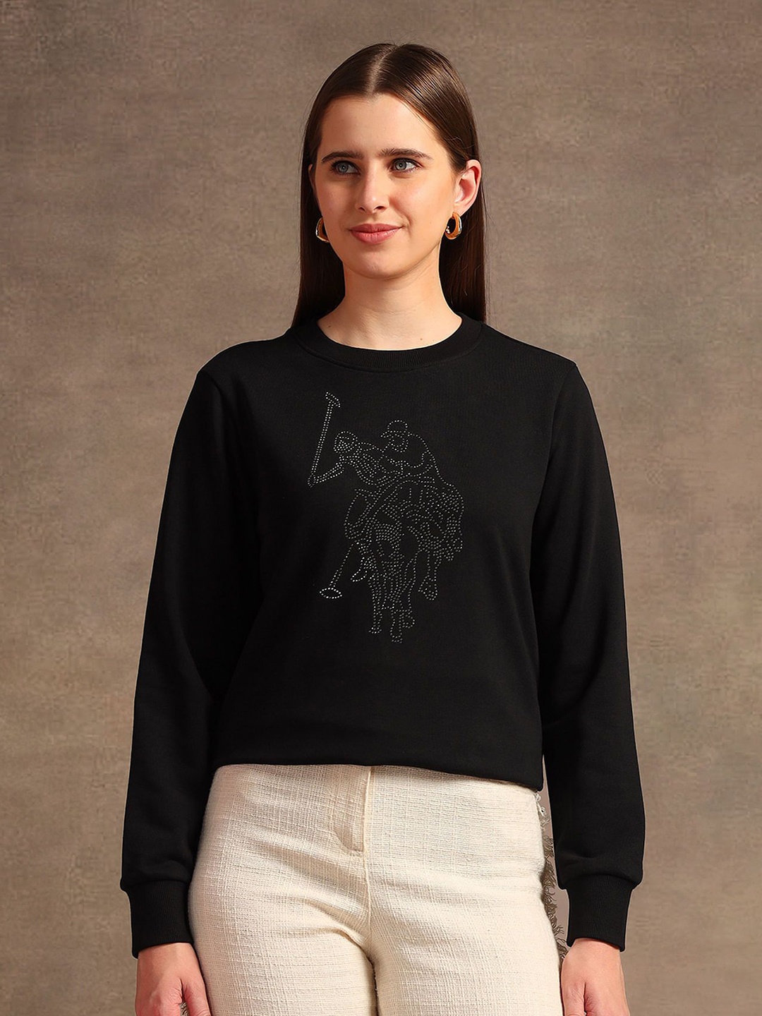 

U.S. Polo Assn. Women Graphic Printed Round Neck Cotton Pullover Sweatshirt, Black