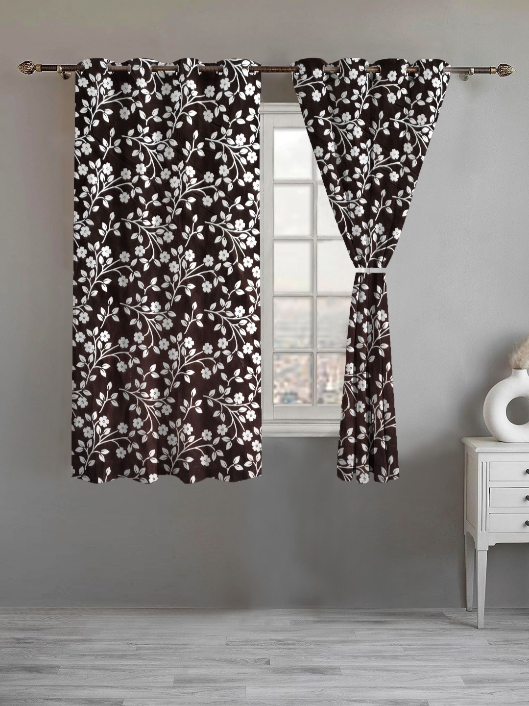 

Lunar Days Brown and White 2 Pieces Floral Room Darkening Window Curtains