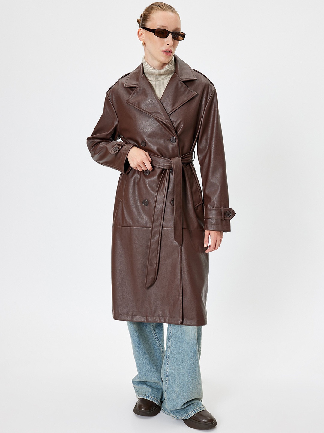 

Koton Women Notched Lapel Regular Fit Double-Breasted Overcoat, Brown