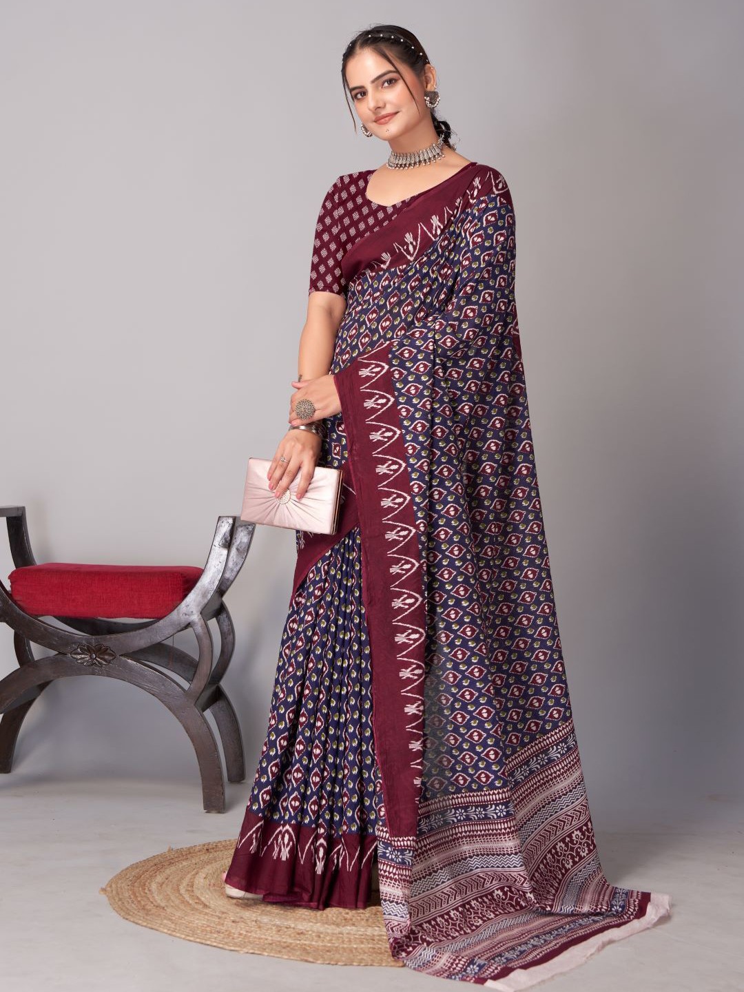 

Anouk Pure Cotton Block Print Saree, Navy blue