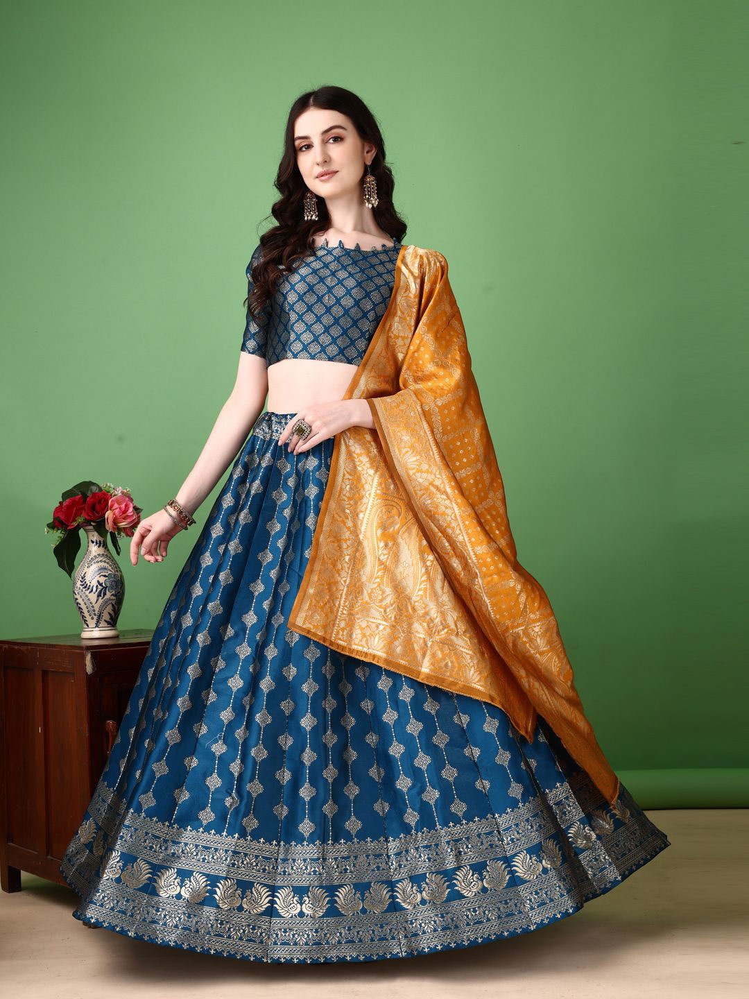 

SWAMI STUDIO Ready to Wear Lehenga & Unstitched Blouse With Dupatta, Navy blue