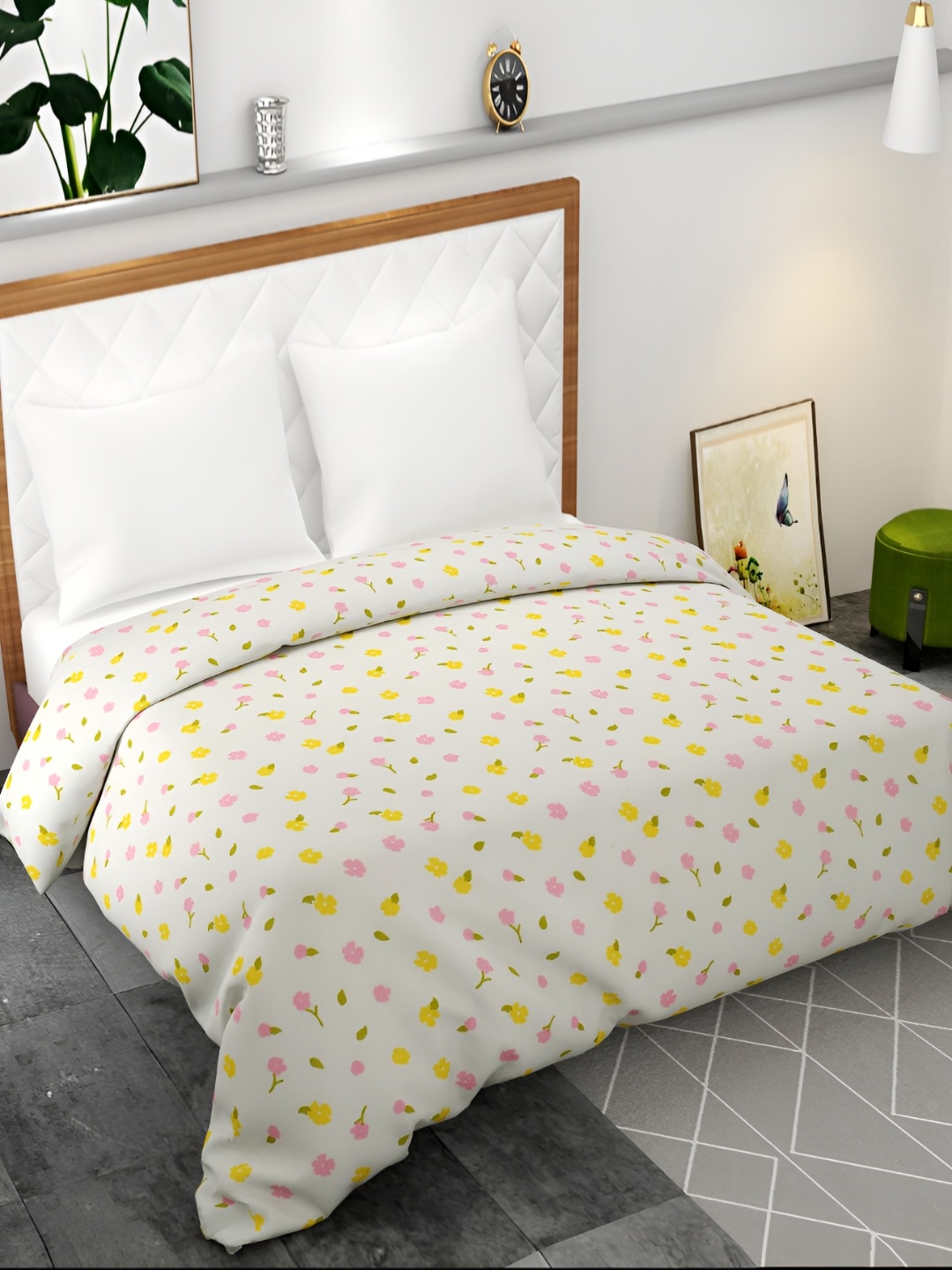 

BELVOSTUM White & Yellow Printed Pure Cotton Duvet Cover, Pink