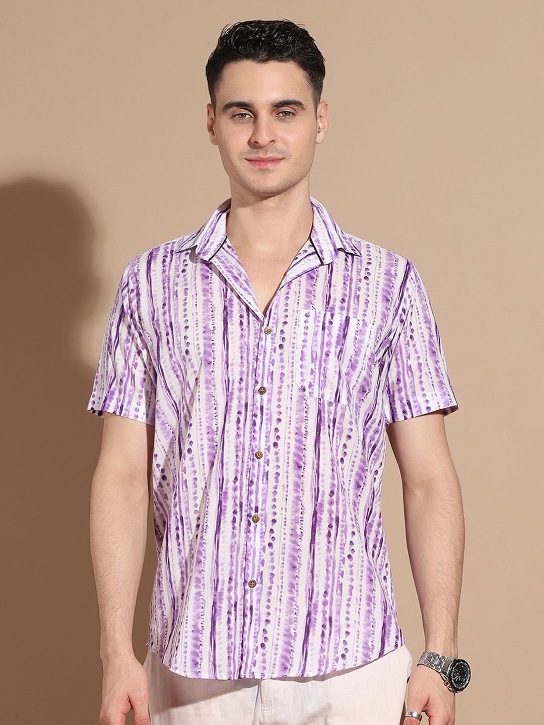 

Anouk Men Smart Cutaway Collar Vertical Striped Cotton Casual Shirt, Purple