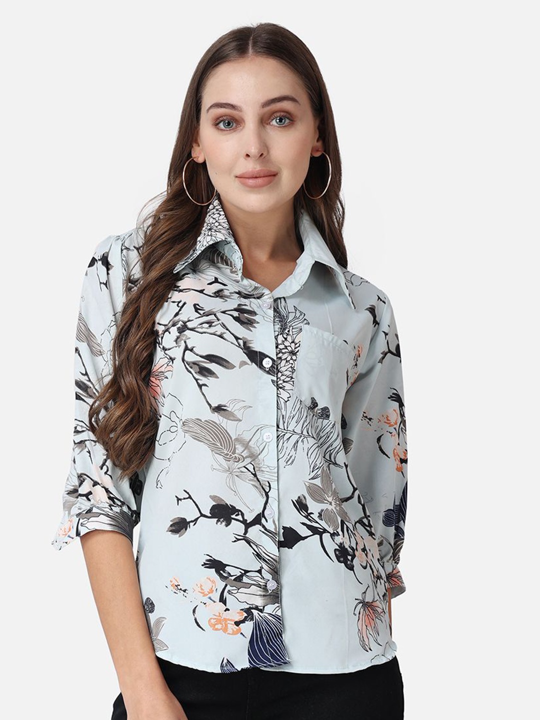 

MINOS Women Classic Spread Collar Floral Printed Crepe Casual Shirt, Blue