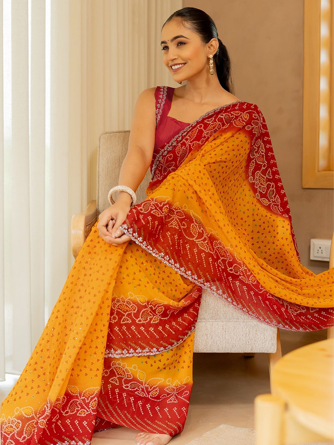 

MIRCHI FASHION Bandhani Printed Beads and Stones Pure Georgette Bandhani Saree, Orange