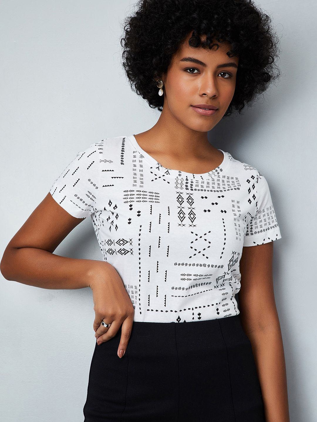 

max Women Abstract Printed Round Neck Cotton T-shirt, White