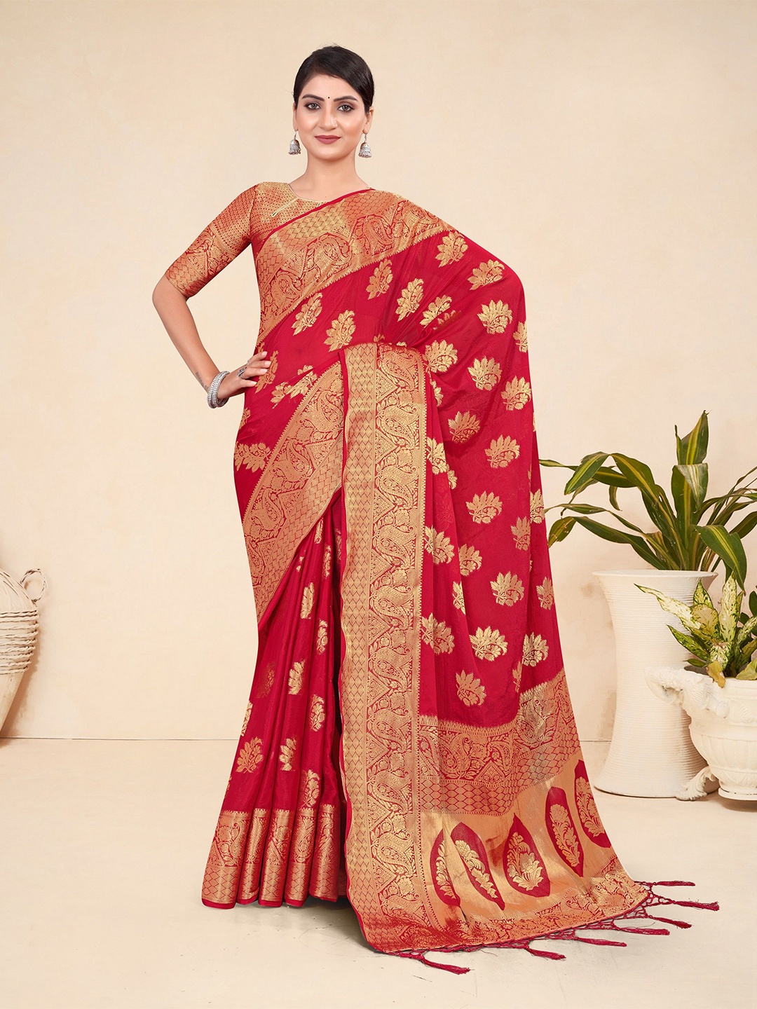 

VARNI FABRICS Woven Design Zari Saree, Red