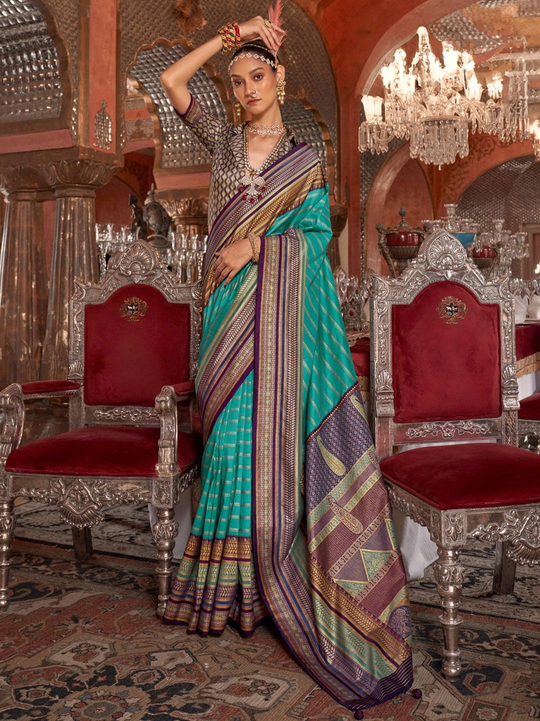 

Anouk Ethnic Motifs Zari Banarasi Saree, Blue