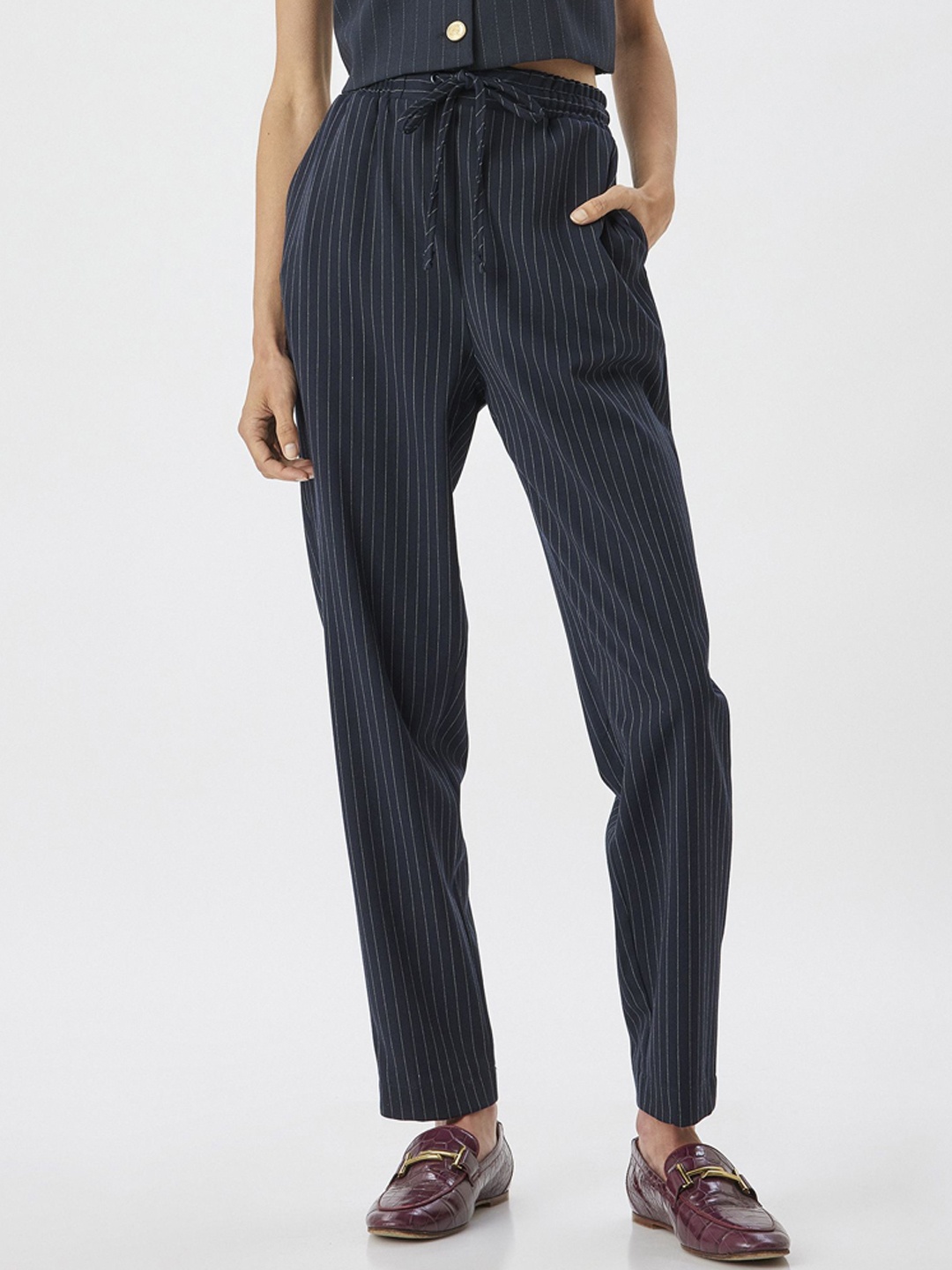 

Koton Women Striped High-Rise Trousers, Navy blue