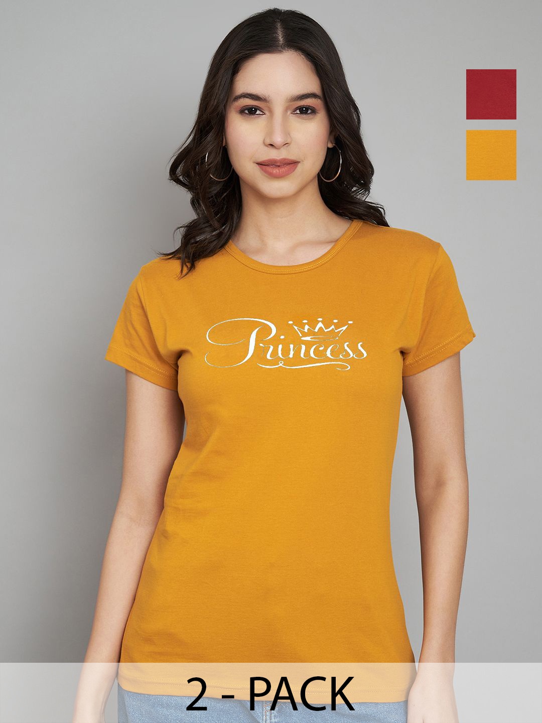 

Trend Level Women Pack Of 2 Typography Printed Round Neck Cotton T-shirts, Mustard