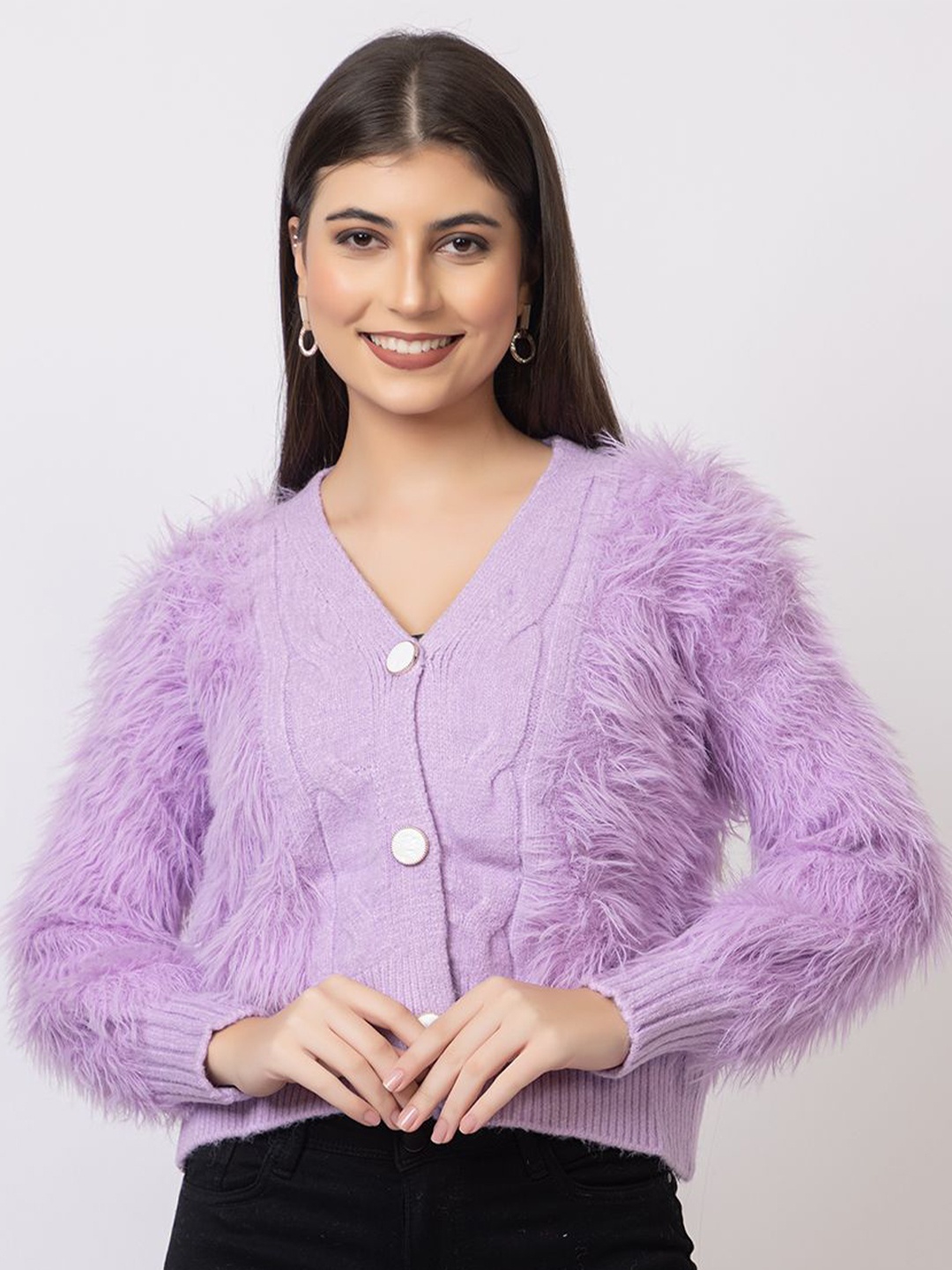 

GFO Women Self Design Faux Fur Woollen Front Open Sweater, Lavender
