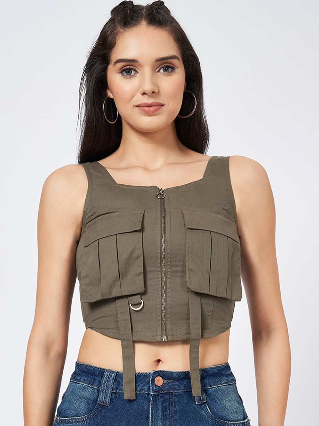 

SF JEANS by Pantaloons Women Solid Square Neck Cotton Top, Brown