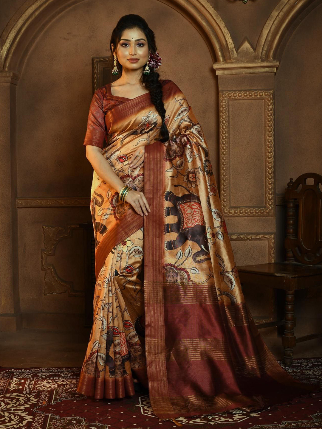 

Kandora Kalamkari Zari Pure Silk Tussar Saree, Orange
