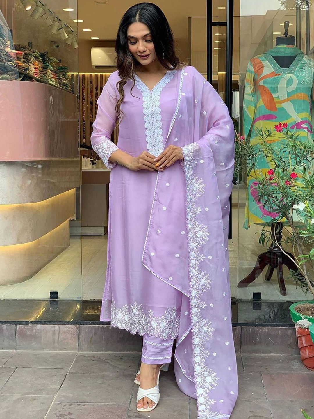 

KALINI Floral Yoke Design Thread Work Silk Georgette Kurta with Trousers & Dupatta, Lavender