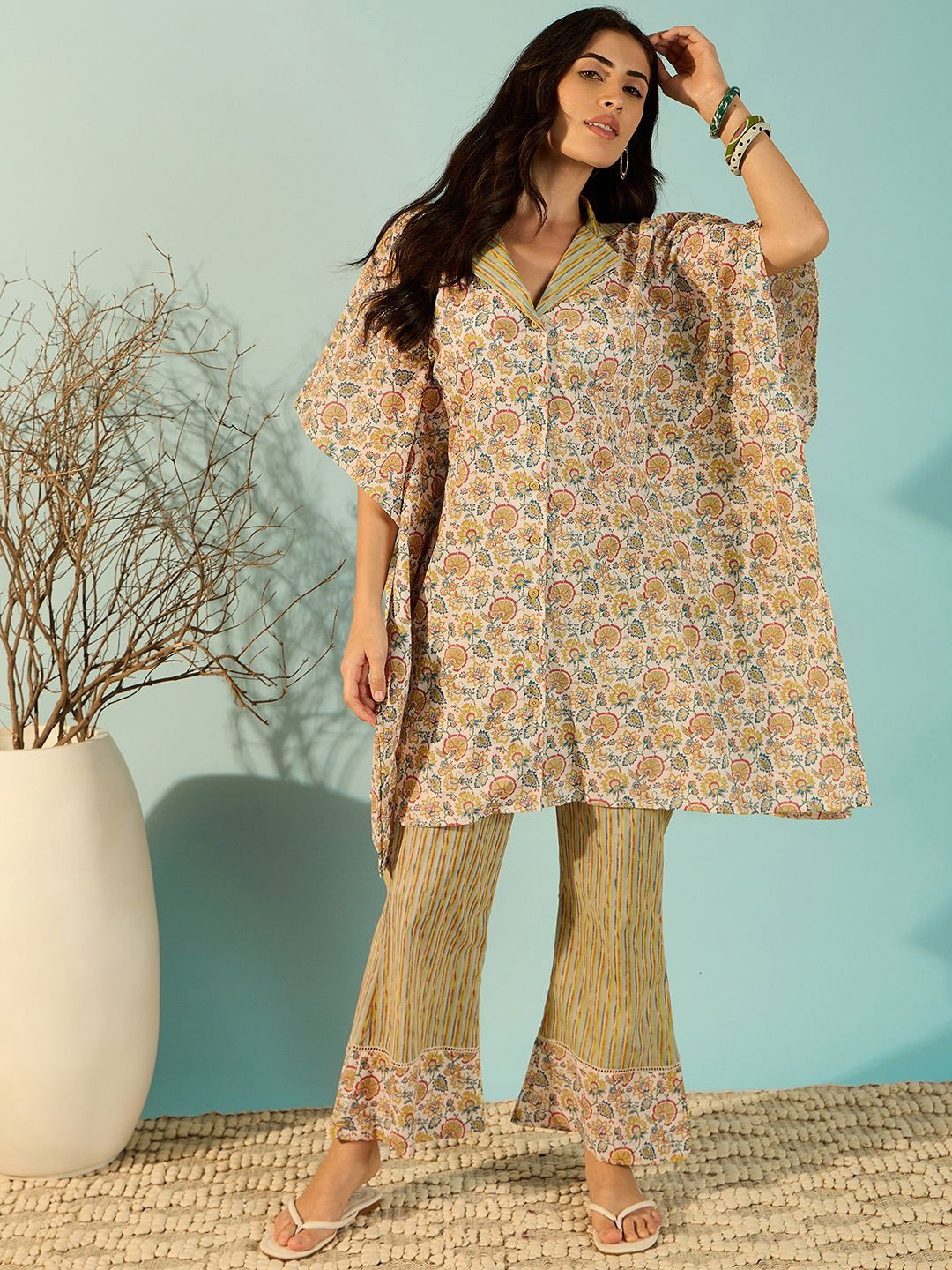 

The Kaftan Company Printed Pure Cotton Tunic With Trousers Co-Ords, Yellow