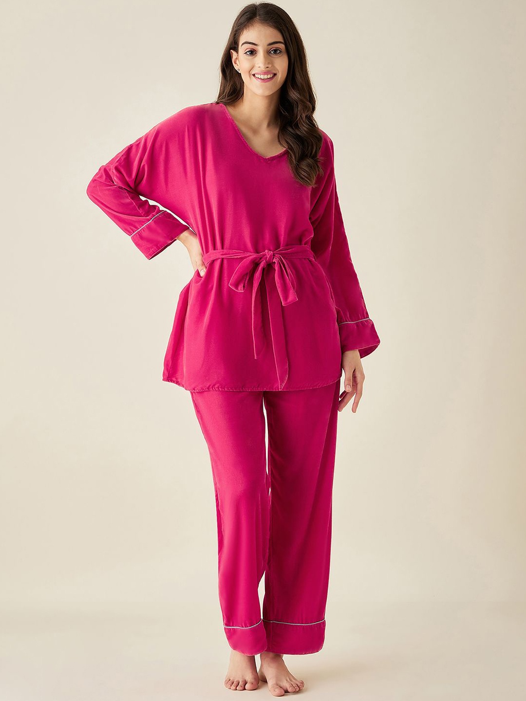 

The Kaftan Company Women Solid V-neck Night suit, Pink