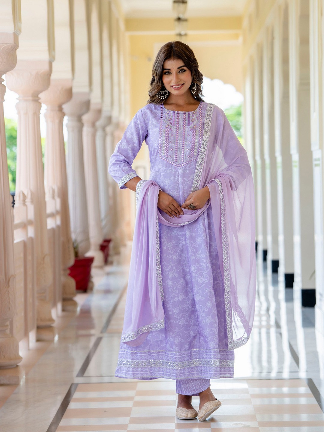 

KALINI Women Floral Printed Regular Mirror Work Kurta with Trousers & With Dupatta, Lavender