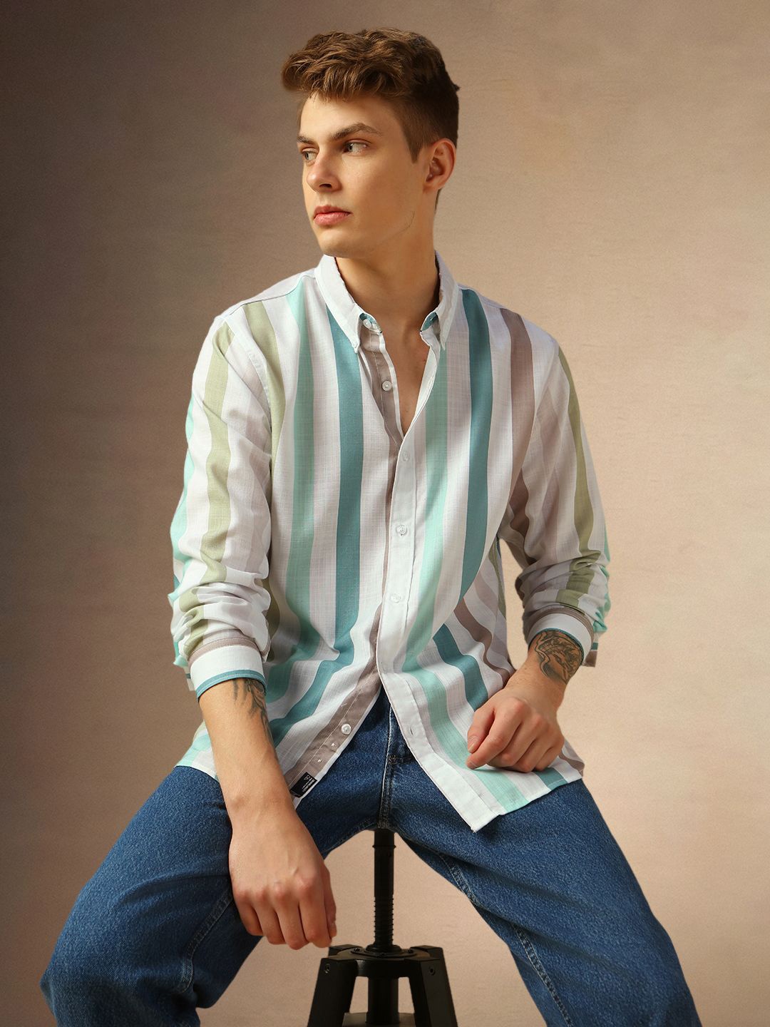 

Dennis Lingo Men Comfort Button-Down Collar Vertical Striped Cotton Casual Shirt, White