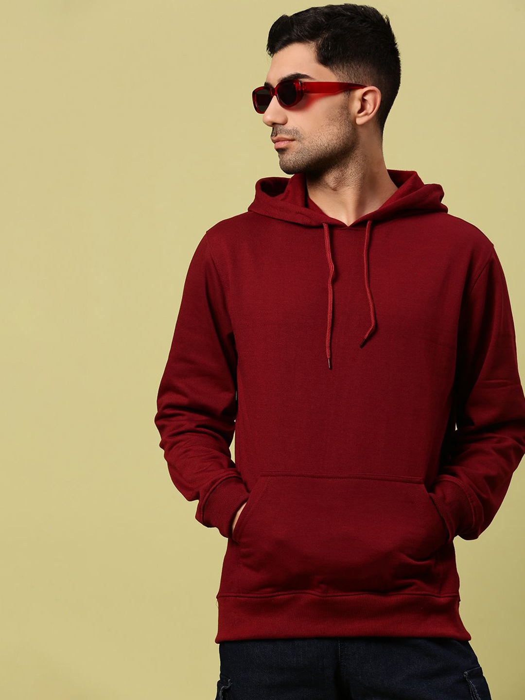 

Urban Dog Men Solid Hood Fleece Pullover Ribbed Sweatshirt, Maroon