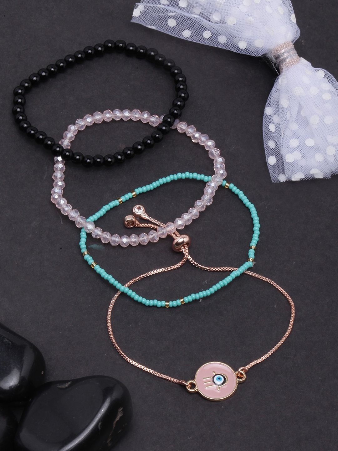 

KPOP Set Of 4 Rose Gold-Plated Stone Studded & Beaded Charm Bracelet