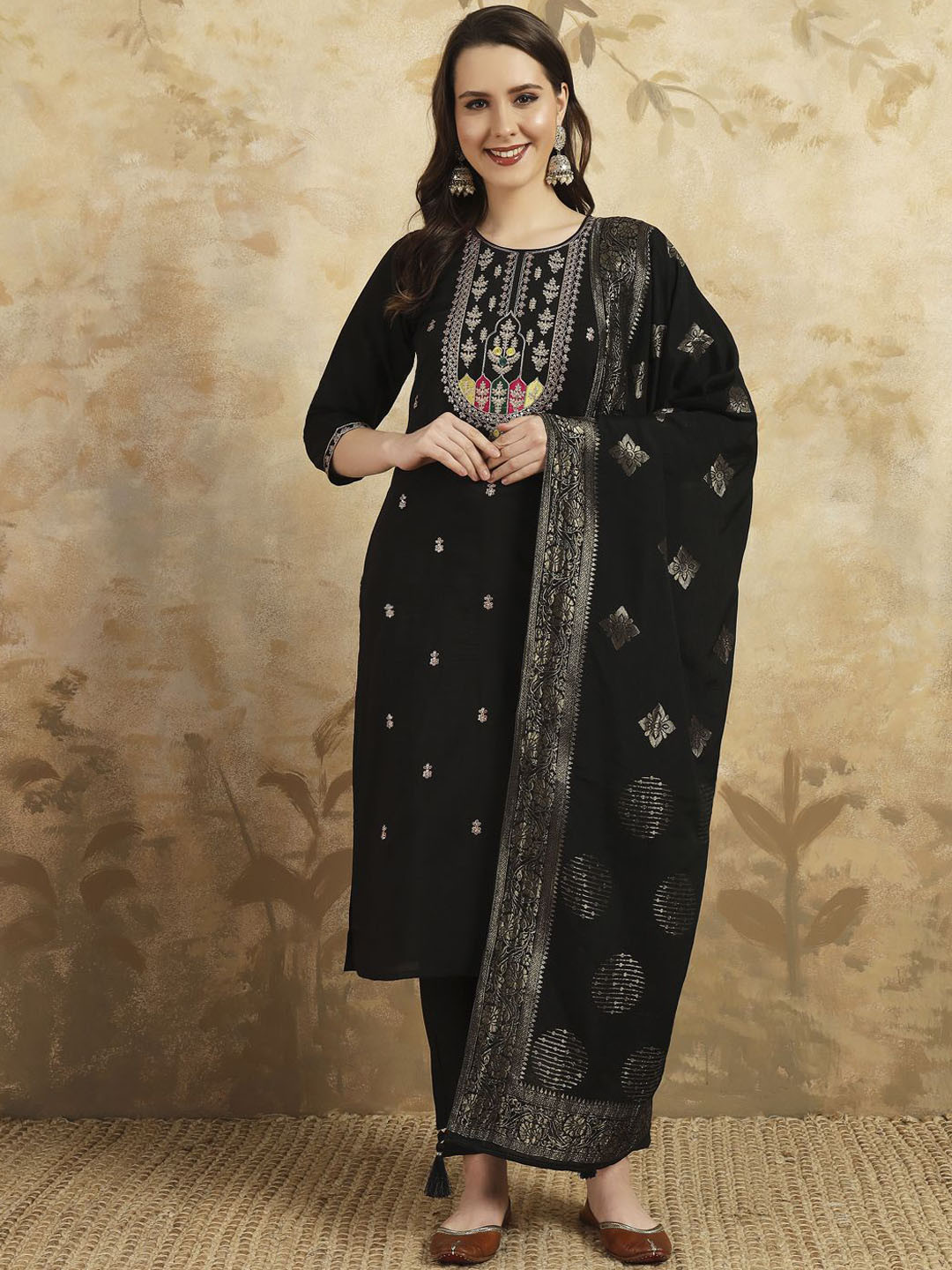 

VARNI FABRICS Women Floral Embroidered Regular Chanderi Silk Kurta Trousers With Dupatta, Black