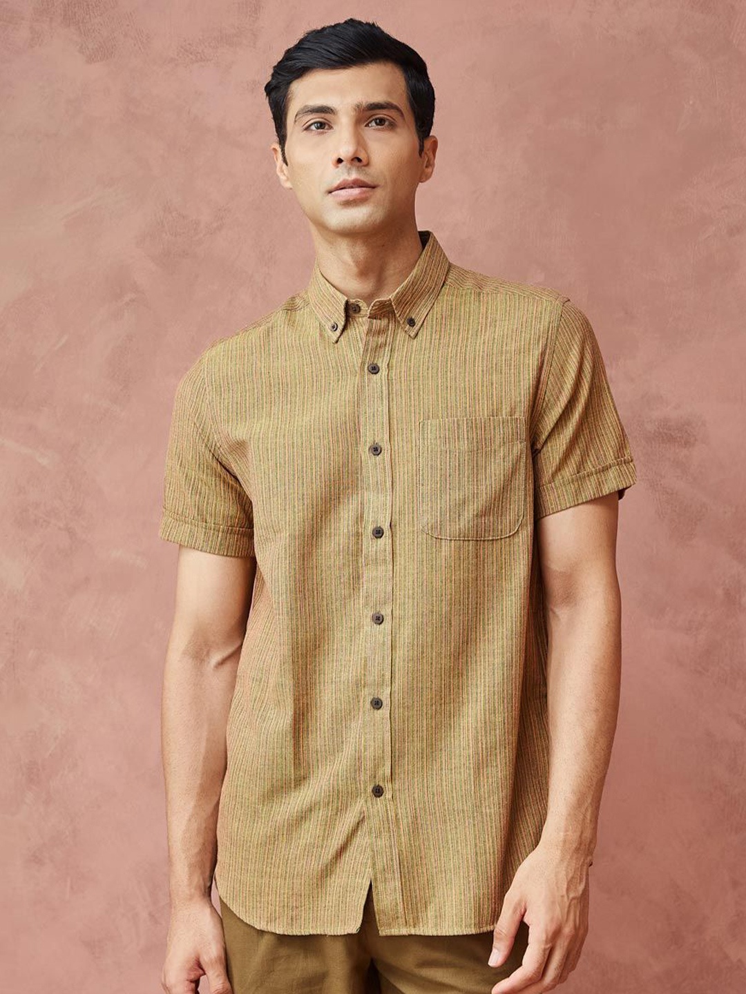 

Fabindia Men Button-Down Collar Solid Cotton Relaxed Fit Casual Shirt, Beige