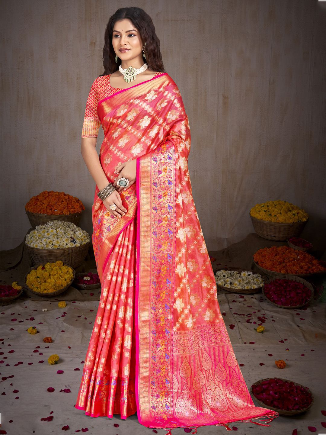 

SANGAM PRINTS Woven Design Zari Silk Blend Tussar Saree, Pink
