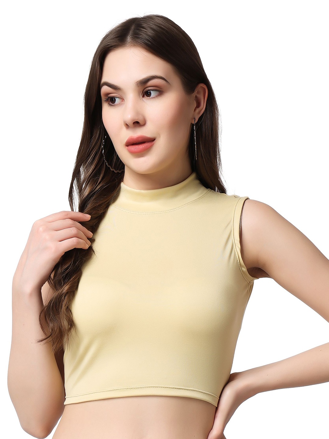 

SCORPIUS Women Solid High Neck Top, Beige